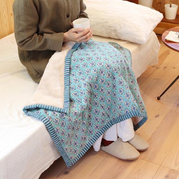最終価格】ブロックプリント うねうねキルトブランケット ピンク×水色