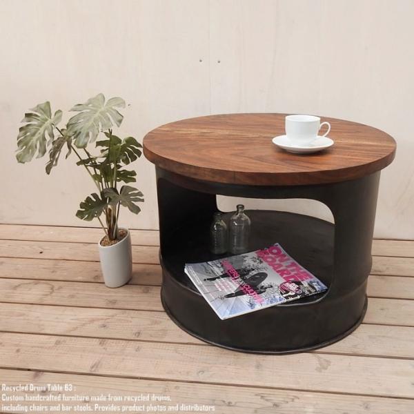 ドラム缶　机 ドラム缶をリメイクしたテーブル 63cm 黒 ラウンド 天然木 センター