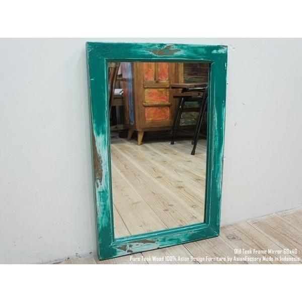 オールドチーク無垢材 フレームミラー60cm 壁掛け鏡 緑色 アンティークグリーン アジアン家具 :MR60AA-GR:バリ家具の専門店Q-STYLE  通販 
