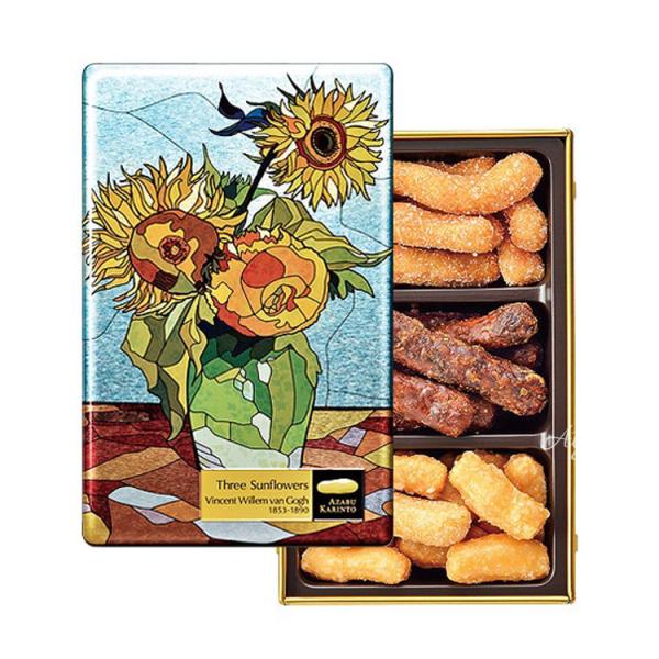 【商品概要】 麻布かりんと かりんとひまわり（ゴッホ）麻布かりんと名画と共に時を楽しむ「KARINTO MUSEUM」シリーズ名画をステンドグラス風にオリジナルアレンジした特別仕様の缶に、かりんと専門店麻布かりんとがこだわったかりんと各3種...