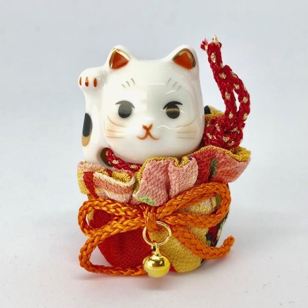 薬師窯 招き猫 まねきねこ 彩絵ふく福巾着招き猫 右手上げ 7196 金運 開運 金