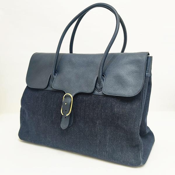 Cisei フラップ トートバッグ レザー ネイビー ステッチデザイン 状態良好 Cisei シセイ フラップトートバッグ デニム レザー ネイビー