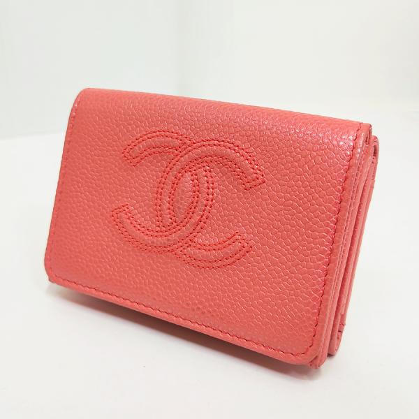 美品 CHANEL シャネル Wホック三つ折り財布 キャビアスキン ピンク