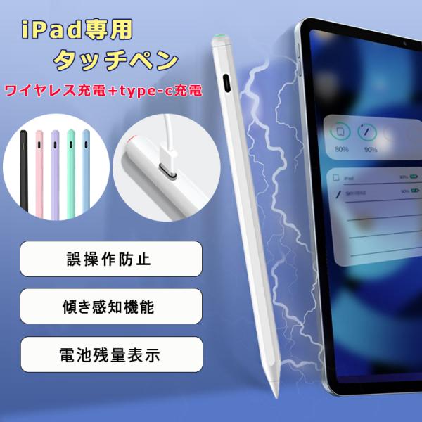 ワイヤレス充電+Type-C充電 タッチペン iPad ペンシル 極細 スタイラスペン iPad 第10世代 9876 Air5 4 mini6 Pro 11 12.9インチ パームリジェクション 傾き感知