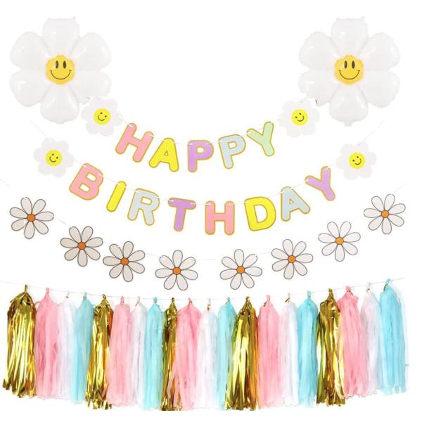 誕生日 飾りセット内容： HAPPY BIRTHDAYガーランド×1、デイジーガーランド×1、太陽の花風船×2、ペーパータッセル×20（4色）高品質な誕生日 バルーン飾り付け： 見た目が可愛くて、アルミアニール質も丈夫です。簡単に手作りでき...