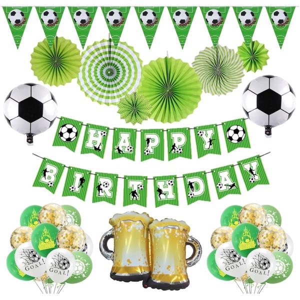 【豪華な誕生日 飾りセット】HAPPY BIRTHDAY ガーランド×１、ペーパーファン×6（40ｃｍ×2、30ｃｍ×2、20ｃｍ×2）、風船×20（＋予備用4個）、巨大な乾杯ビールバルーン×1、サッカーバルーン×2、ヨーロピアンカップペナ...