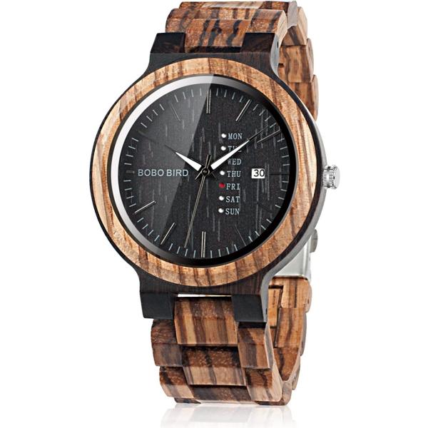 【正規販売店】 bobo鳥Mens Wooden Watchアナログクォーツwith週表示軽量ハンドメイド木製Wrist Watch for Men Brown Dial