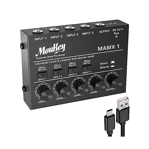 他サイト： Moukey 低ノイズ 4チャンネル ライン ミニオーディオミキサー、DC 5V、4ステレオ ウルトラ、サブミキシング用、小規模クラブやバー向けの商品画像