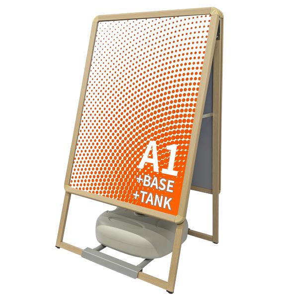 A型看板ウッディ A1サイズ タンク型重し＋ベースセット A看板 注水式 重り ウェイト 強風対策 防水フレーム 屋外 両面 Hotdogger