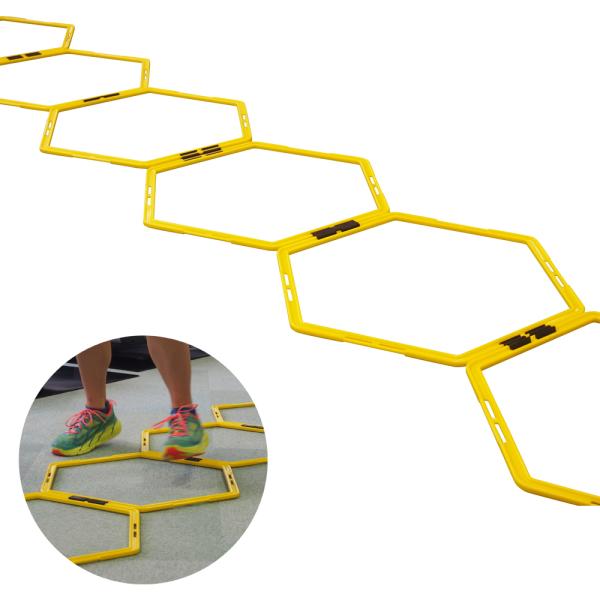 スピード、敏捷性、アジリティトレーニングに六角形のリング。『トレーニングマニュアル付』。18種類のトレーニングをマニュアルで紹介軽量・丈夫。方向転換、分割可能。スピード、アジリティ、クイックネスのトレーニングに最適です。一つの６角形は49セ...