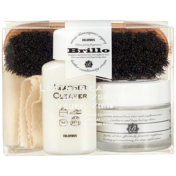 レザーケアキットムショク/1セット/50060000・パッケージ個数:1・革製品の簡単お手入れセット・内容：ブリオレザーコンディショニングクリーム40g、レザークリーナー30ml、ホコリ落とし用馬毛ブラシ、クロス