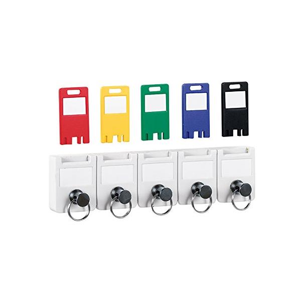 キーハンガー(5連)マルチ/-/23102-KT・パッケージ個数:1・【カードキー】5枚(赤・黄・緑・青・黒)付・【サイズ】W163×D33×H43mm・【付属】ネジ・両面テープ・ラベルシール付き・【タイプ】5連タイプ