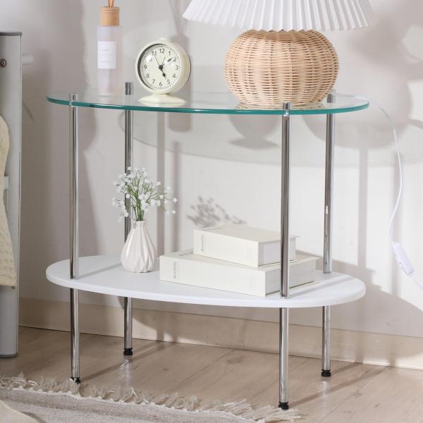 サイドテーブルホワイト/大型/41315・Color:ホワイトStyle:サイドテーブル・パッケージ個数:1・サイズ:幅60×奥行32×高さ53cm・本体重量:5.5kg・耐荷重:10kg・材質:構造部材(天板):強化ガラス/構造部材(棚板...