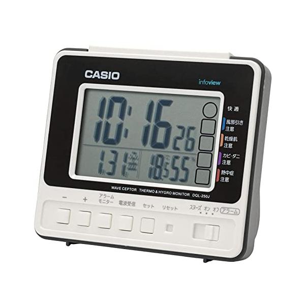 ・ホワイト 82×93×53mm DQL-250J-7JF・機能:電波受信機能(自動受信/手動受信)、電波受信ONOFF機能、温度表示、湿度表示、生活環境お知らせ機能(アイコン表示)、電子音アラーム(5段階で変化)、スヌーズ機能、カレンダー...