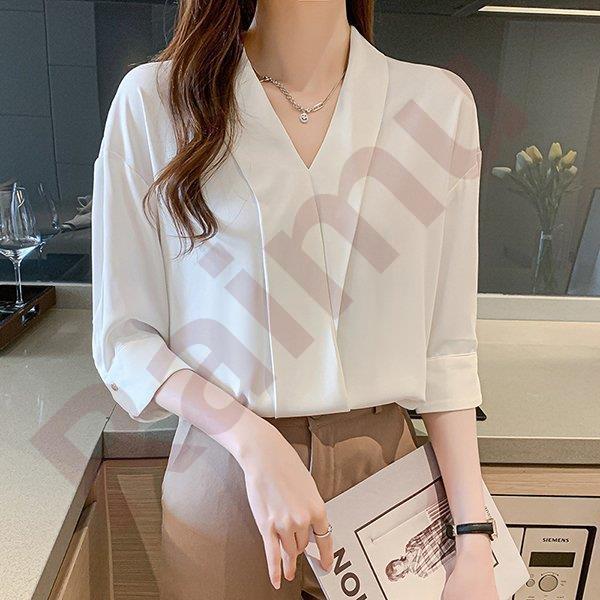 ブラウス レディース 白 オフィス 夏服 おしゃれ 五分袖 40代 代 仕事 トップス シャツ シフォン Vネック 無地 きれいめ 着痩せ 韓国風 大人 上品 通勤 新品 Cs Raimu 2242 来夢商事 通販 Yahoo ショッピング