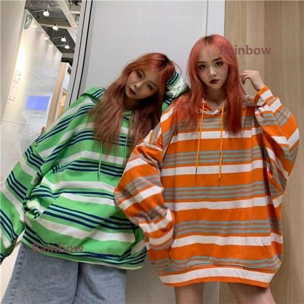 韓国 原宿系 レディースファッション スタイル ボーダー柄 長袖 スウェット プルオーバーパーカー Rainbow Onlineshop Shiwvk Rainbow Onlineshop 通販 Yahoo ショッピング