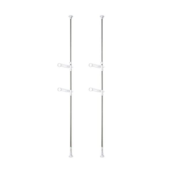 【商品概要】天井と床を突っ張って、室内に干場が作れる物干台です。※竿別売りさおうけは高さ調整可能（高さ180cm迄）使わない時なアームは折り畳んで収納可能。ハンガー等が掛けれるフック付(商品サイズ）使用時：片側幅約9x奥行約32x高さ約20...