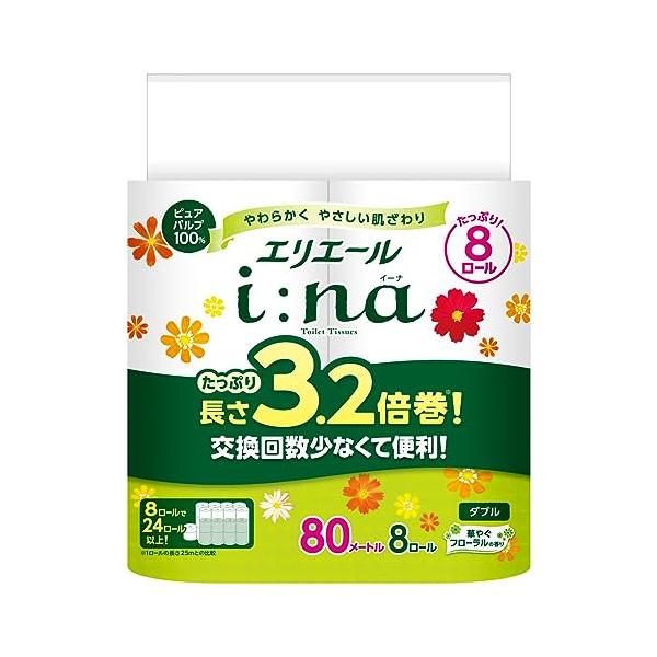 他サイト： エリエール トイレットペーパー i:na(イーナ) 3.2倍巻き 80m×8ロール ダブル パルプ100% 華やかなフローラルの香りの商品画像
