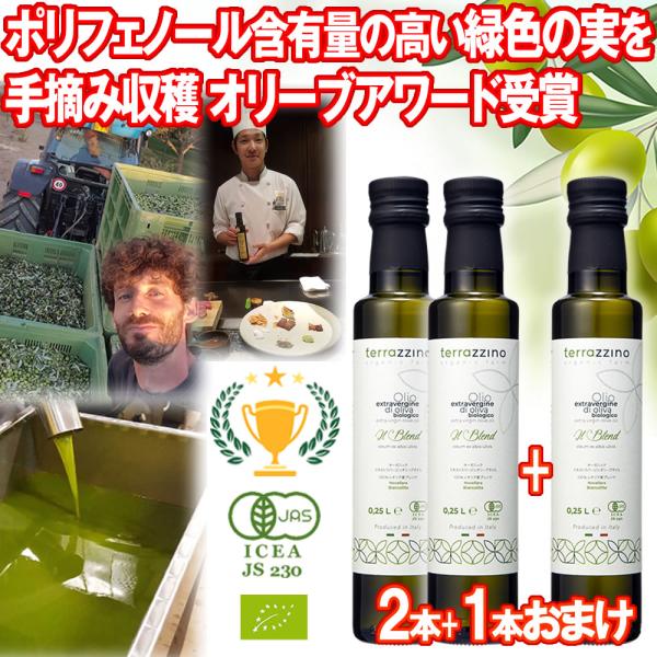 全品10％OFF １本おまけ オリーブオイル 有機JAS オーガニック Terrazzino エキストラバージン 100％ 250ml 2本＋1本 シチリア産 イタリア