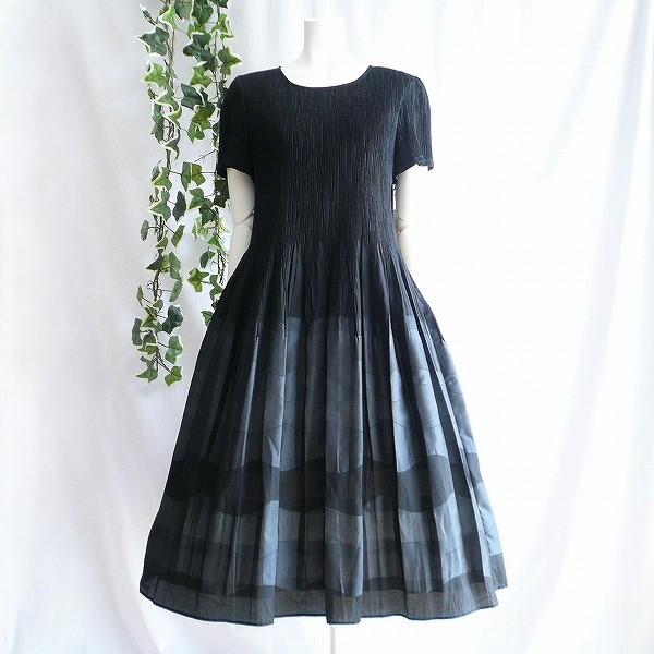 桐生織 プリーツ ワンピース 日本製 レディース 黒 半袖 流線  