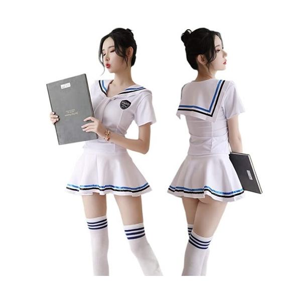 【BI-10082】セーラー服 セクシー コスプレ コスチューム ランジェリー 可愛い JK 制服 高校生 学生 女子高生 半袖 ワンピース Lサイズ ホワイト