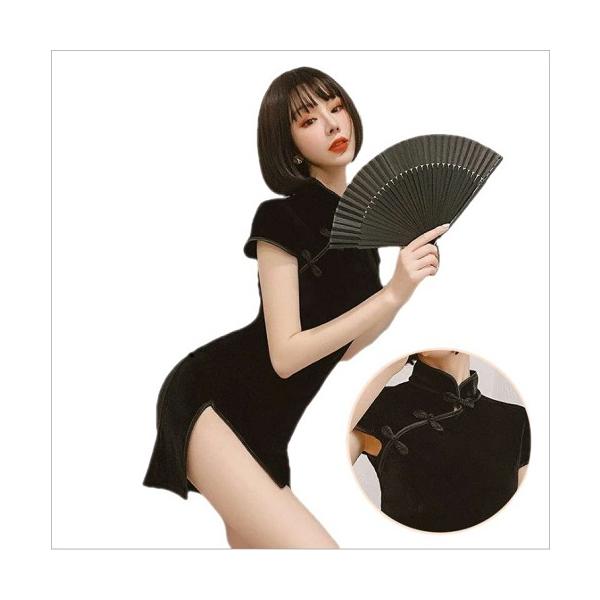 【BI-10118】セクシー チャイナ コスプレ チャイナ風 チャイナ服 可愛い スリップ チャイナドレス セクシー寝間着 (ブラック)