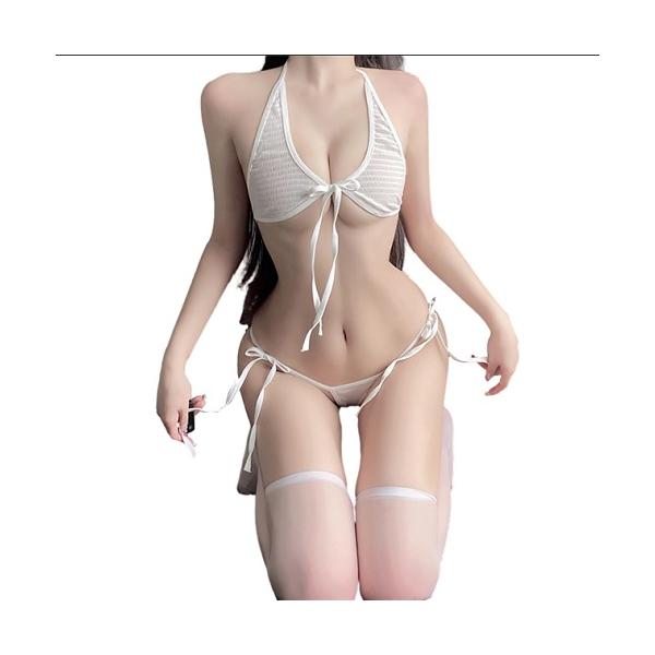 【セット内容】ブラ＋Tバック＋ストッキングの3点セットです。【サイズ】フリーサイズ：S-XL 身長：150-175 体重：40-60kg【カラー】ホワイト・ライトグリーン・パープル・ブラック【素材】伸縮性のあるストレッチ素材(ポリエステル＋...