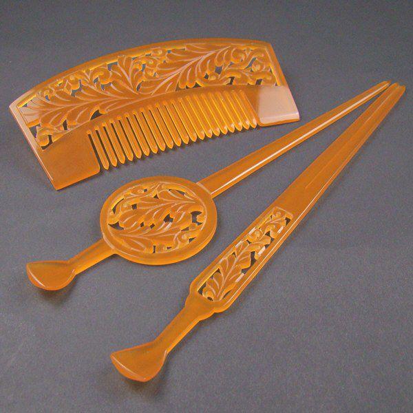 髪飾り 和装 花魁簪 3点セット べっ甲色 藤唐草 着物 卒業式 入学式