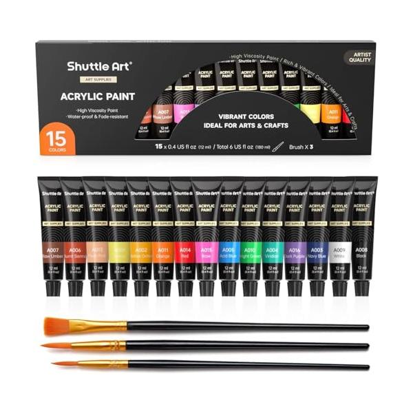 Shuttle Art アクリル絵の具 アクリル顔料 15色セット 速乾 耐久 チューブ 12ml 手作り 布/石/ガラス/セラミックに描ける 子供用 イラスト 塗り絵 ク
