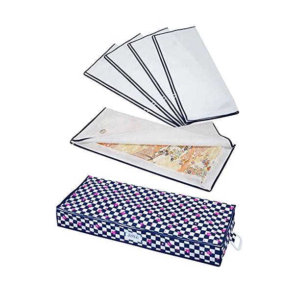 アストロ 着物収納ケース ネイビー×ホワイト 市松模様×さくら柄 着物収納袋 2方開き 透明窓あり 5枚セット 不織布 防虫剤入れ ネームホルダー付き 618-69