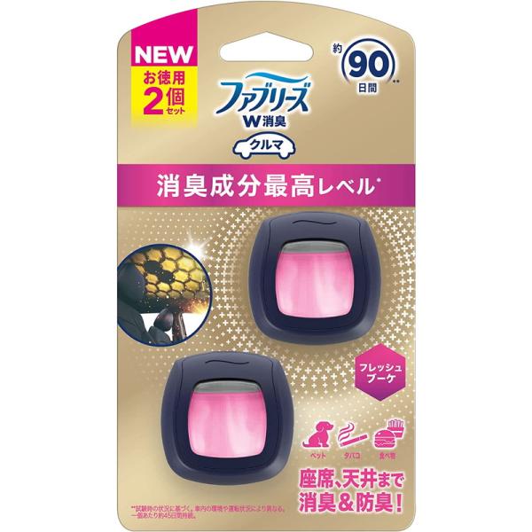 ●消臭成分高配合*●座席、天井まで消臭＆防臭！●イージークリップ2個セット●使用期間：約90日間**●消臭芳香剤*ファブリーズ車シリーズ内において**試験時の状況に基づく。車内の環境や運転状況により異なる。一個あたり約45日間持続。