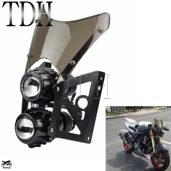 ライト付き　バイク風テーブル　キャビネット　オブジェ　花台　机　ラック　バイク 並行輸入品】 バイク 汎用 Twin Stacked プロジェクター ヘッドライト