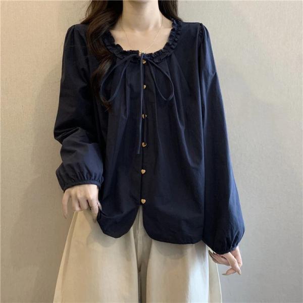 フリルブラウス レディース 長袖 リボン付き 前開き ゆったり 体型カバー 秋春服 トップス 大きいサイズ S?4XL カジュアル インナーにも 爆買