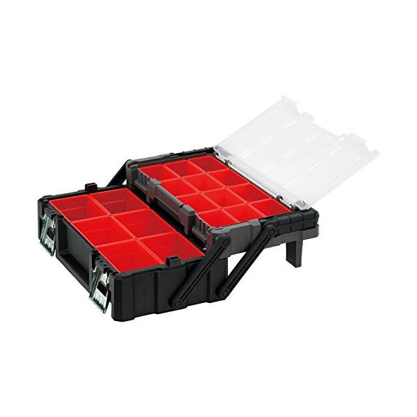 ブラック/-/SPO-460RE・パッケージ個数:1・用途:小物や道具の収納・特徴1:ハンドルを持ち上げるとスライド部が簡易ロック・特徴2:ハンドルとバックルのダブルロック構造でしっかりロックできる・特徴3:上段は小ボックス12個、下段は大...