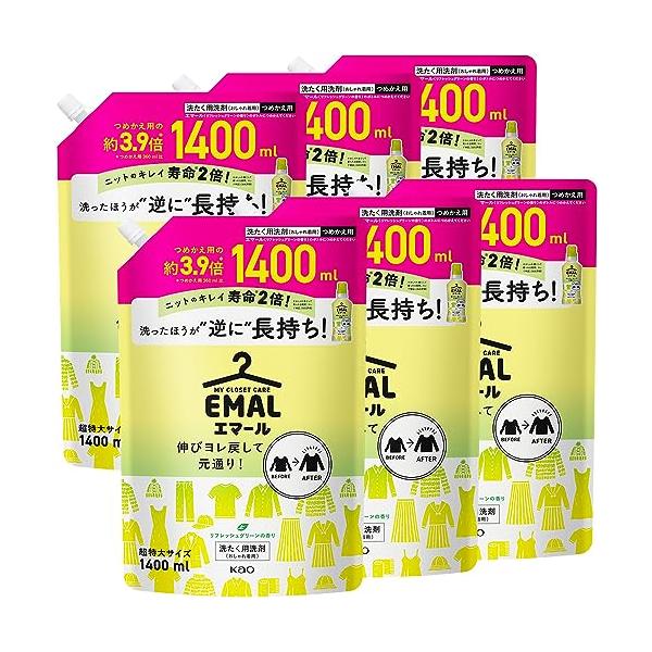 他サイト： エマール ケース販売 伸びヨレ戻して元通り、洗ったほうが、逆に長持ち リフレッシュグリーンの香り 詰替え用 1400ｍｌ×6個 大容量の商品画像