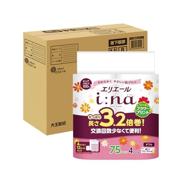 他サイト： エリエール トイレットペーパー i:na(イーナ) フラワープリント 3.2倍巻き 75m×32ロール(4ロール×8パック) ダブル パルプ10の商品画像