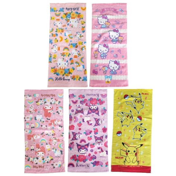 ★フェイスタオルまとめ買い★　２枚までネコポス同梱発送　フェイスタオル　34×75ｃｍ　キティ　マイメロディ　クロミ　ピカチュウ　サンリオ