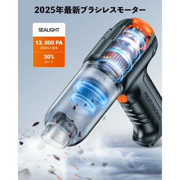 【13000Pa強力吸引】高速ブラシレスモーター搭載、安定回転で低騒音。13000Paの吸引力で髪・ペット毛・紙くず・ホコリなどを強力吸引。車内や室内を簡単に清掃可能。【吹き/吸い両用＆7種ノズル】吹く・吸う・空気入れ対応の多機能。7種類ノ...