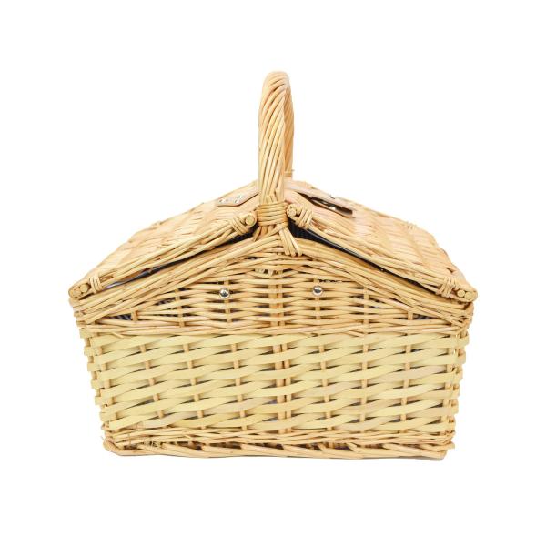 柳のピクニックバスケット ライトオープンアップバスケット三角屋根がかわいい。柳素材のおしゃれなピクニックかご。人気のデザインです。柳の天然色の色合いと細いブルーのストライプ柄の生地を合わせました。サンドイッチやフルーツが良く似合う、さわやか...