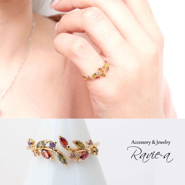 マルチカラー ゴールド 指輪 リング リーフ 葉っぱ カラフル 華奢