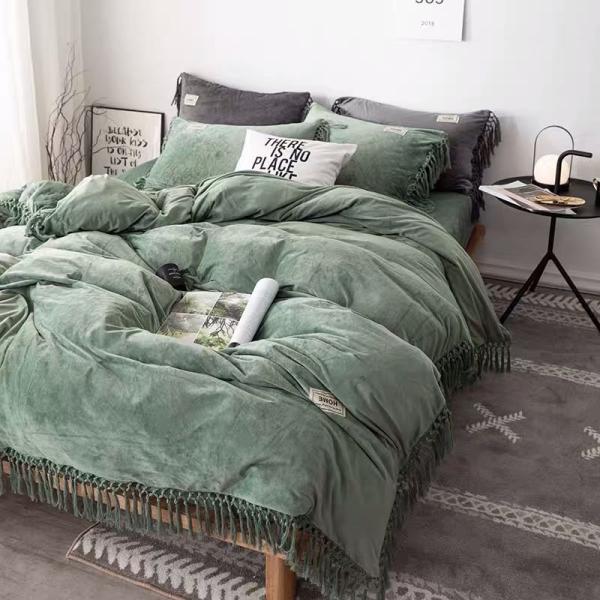 寝具 カバー モスグリーン グレー フリンジ あったか B213 : 快適