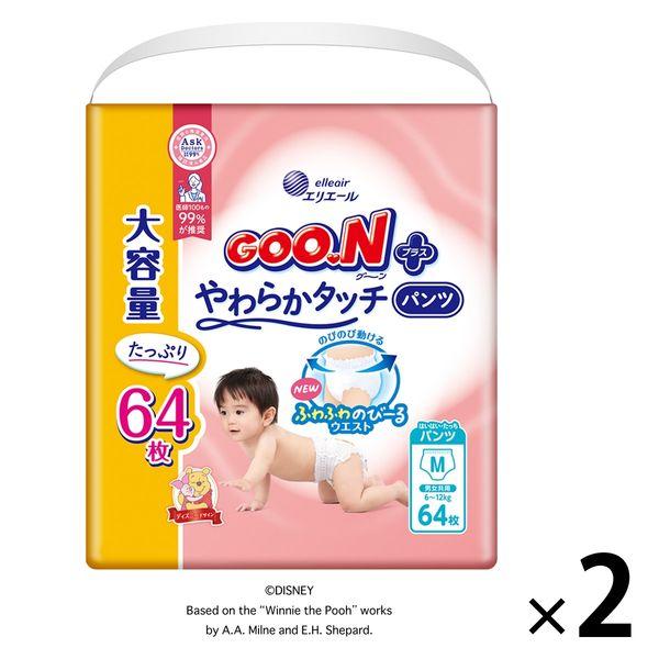 グーンプラス おむつ パンツ Mサイズ（6〜12kg）1セット（1パック64枚入×2）やわらかタッチ 大容量