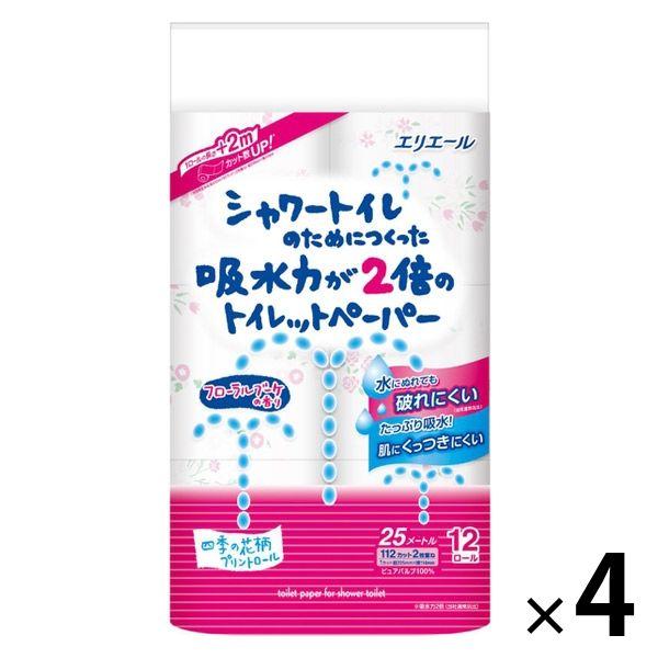 トイレットペーパー 12ロール入 パルプ ダブル 25m フローラル シャワートイレのためにつくった吸水力が2倍 1セット（4パック）大王製紙