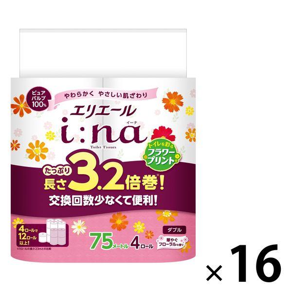 トイレットペーパー 4ロール ダブル 75m 3.2倍巻き エリエール イーナ プリント （4ロール×16パック）