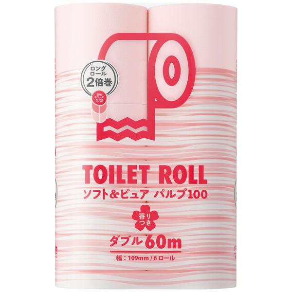 トイレットペーパー ダブル 2倍巻 60m 6ロール パルプ100％ ソフト＆ピュア 1パック(6ロール入り) ピンク色 桜の香り オリジナル