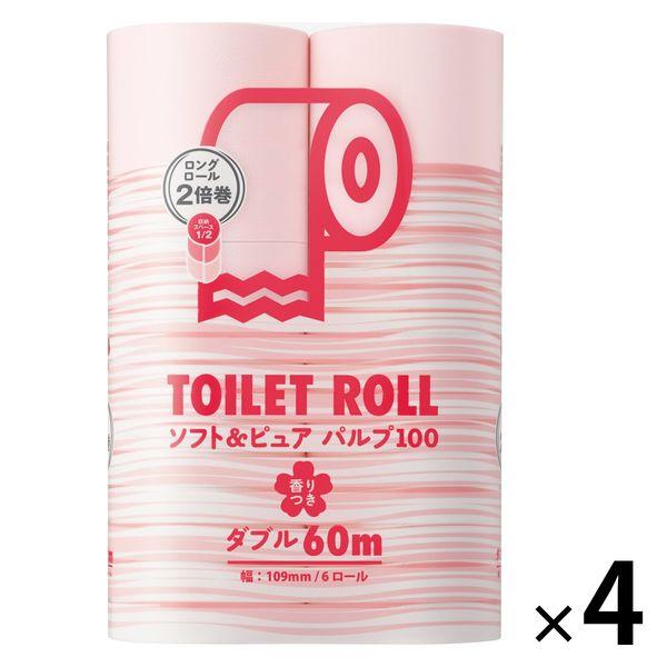 トイレットペーパー ダブル 2倍巻 60m 6ロール パルプ100％ ソフト＆ピュア 1セット(6ロール入り×4パック)ピンク色 桜の香りオリジナル オリジナル