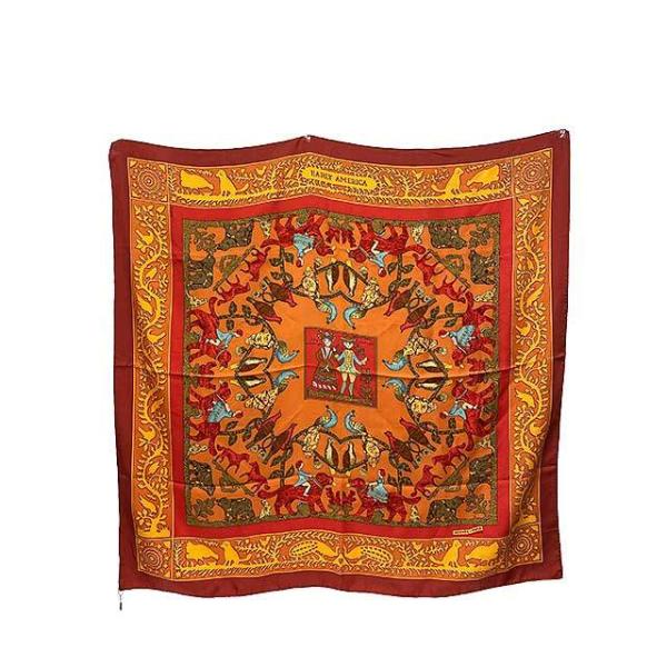 【中古】HERMES　エルメス　カレ90　オレンジ系　EARLY AMERICA　古き良きアメリカ　スカーフ