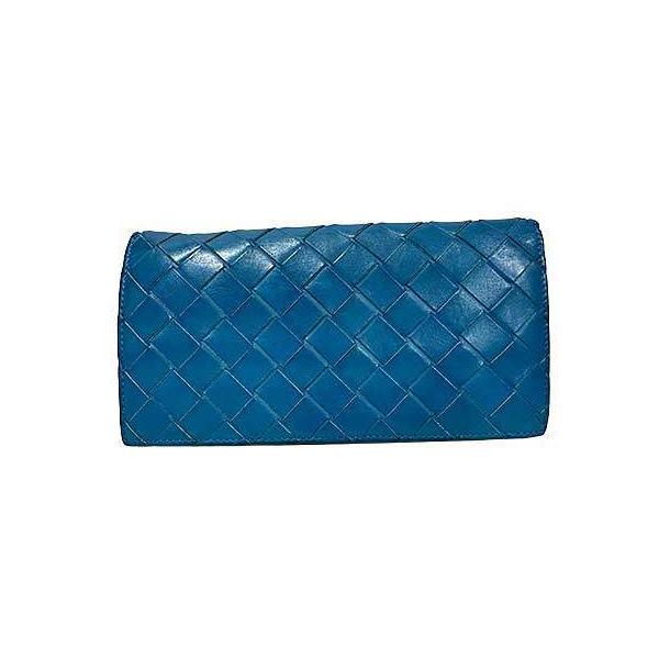 【中古】Bottega Veneta　ボッテガヴェネタ　長財布　ブルー　レザー　送料無料　イントレチャート