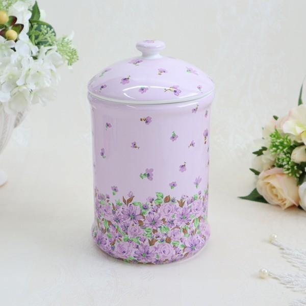 陶器製 サニタリーポット パープルフラワー 陶器 花柄 収納 ゴミ箱 トイレ トイレ用品 おしゃれ