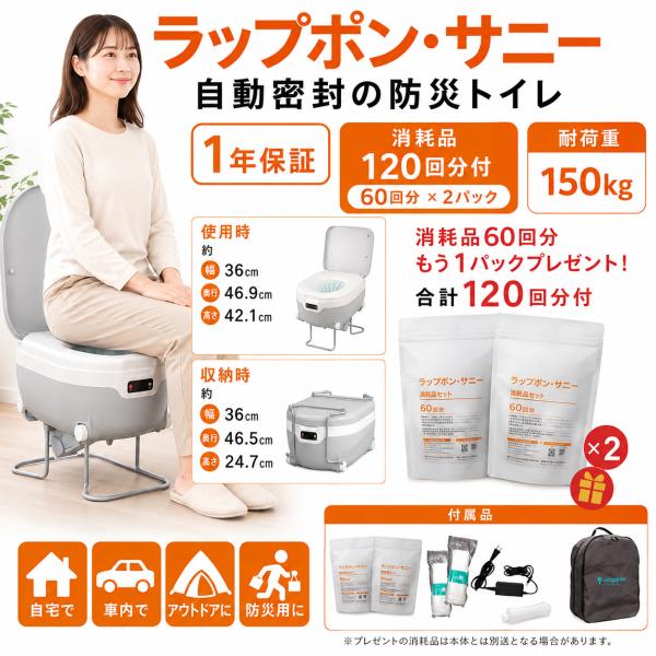 期間限定 ラップポン サニー 消耗品セットもう1パックプレゼント(別便でお届け) 消耗品合計120回分付 防災トイレ 自動密封 送料無料 正規代理店 地震 災害